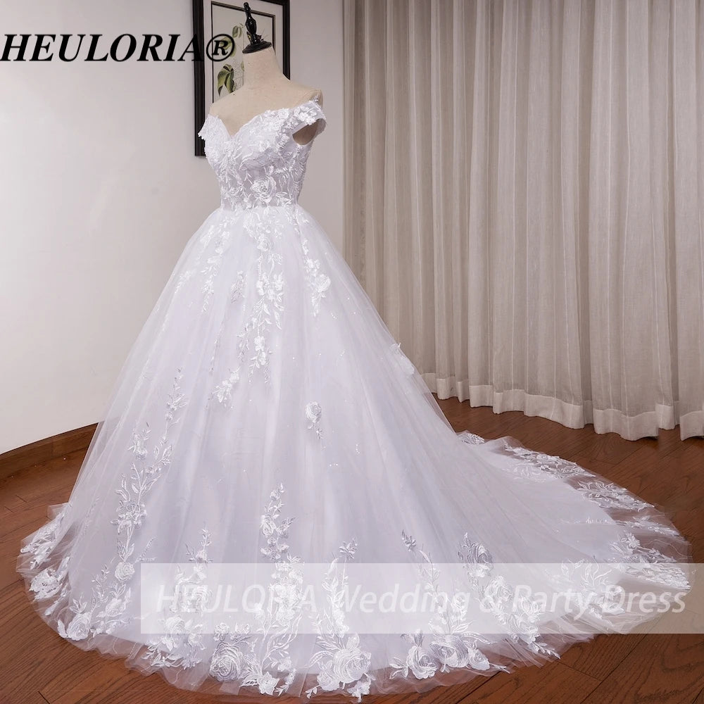 HEULORIA princess wedding dress off shoulder shinny skirt lace applique plus size white bride dress customize BA-1215