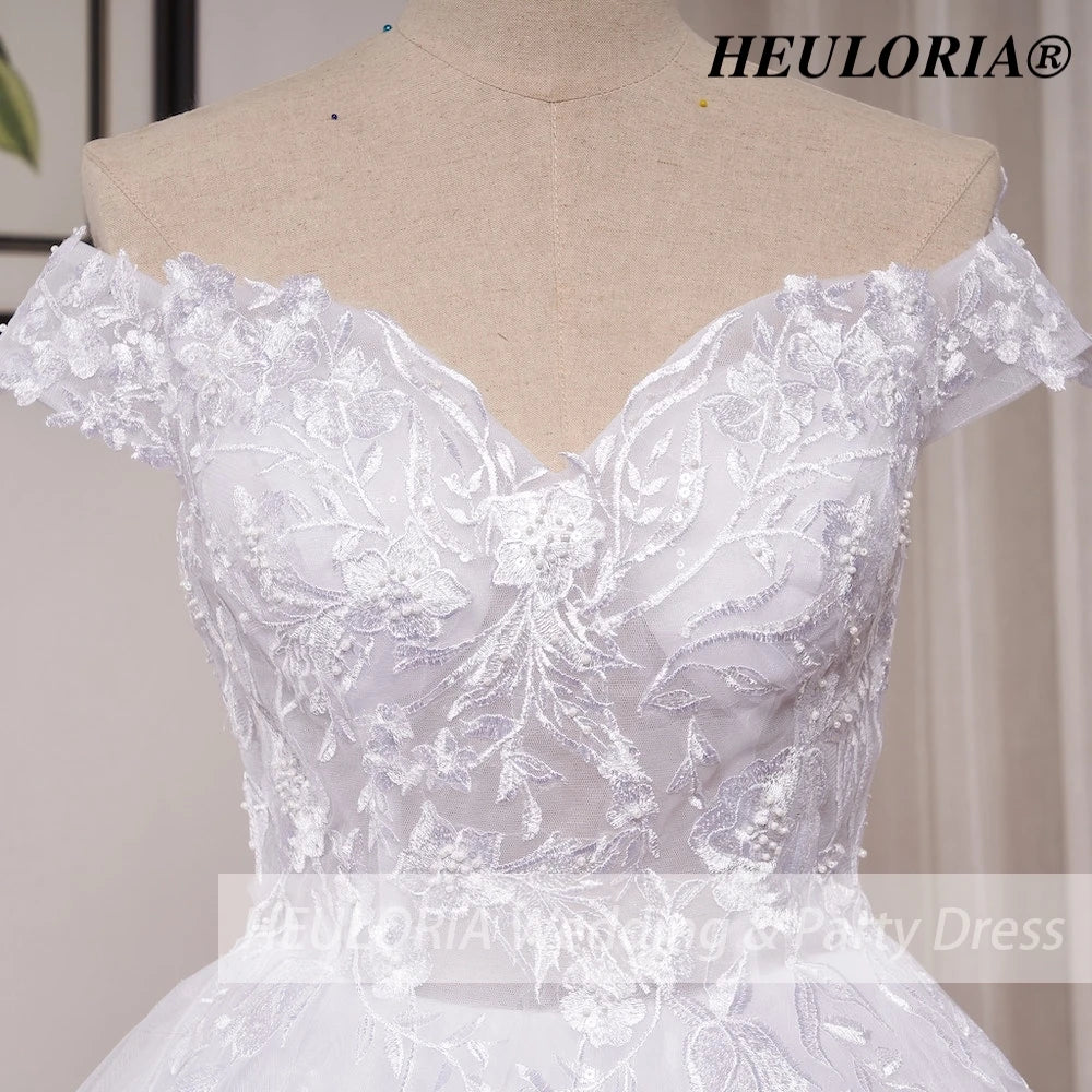 HEULORIA princess wedding dress off shoulder shinny skirt lace applique plus size white bride dress customize BA-1215