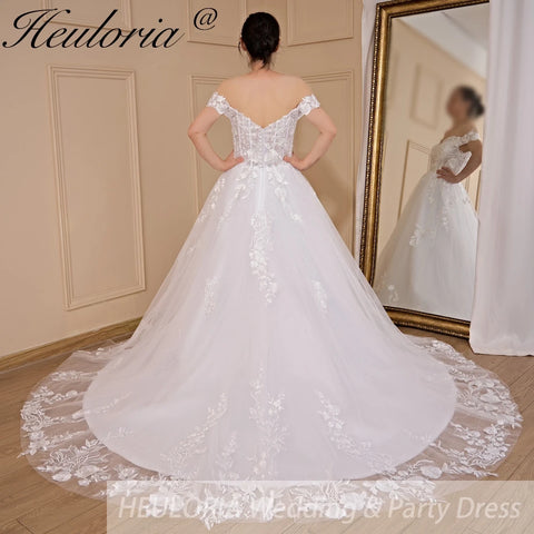 HEULORIA Ball-Gown/Princess Off the Shoulder Court Train Tulle Lace Wedding Dress With Sequins Beading