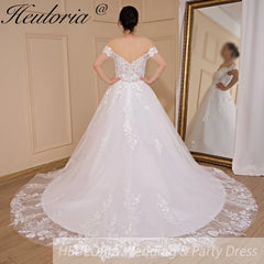 HEULORIA Ball-Gown/Princess Off the Shoulder Court Train Tulle Lace Wedding Dress With Sequins Beading BA-616