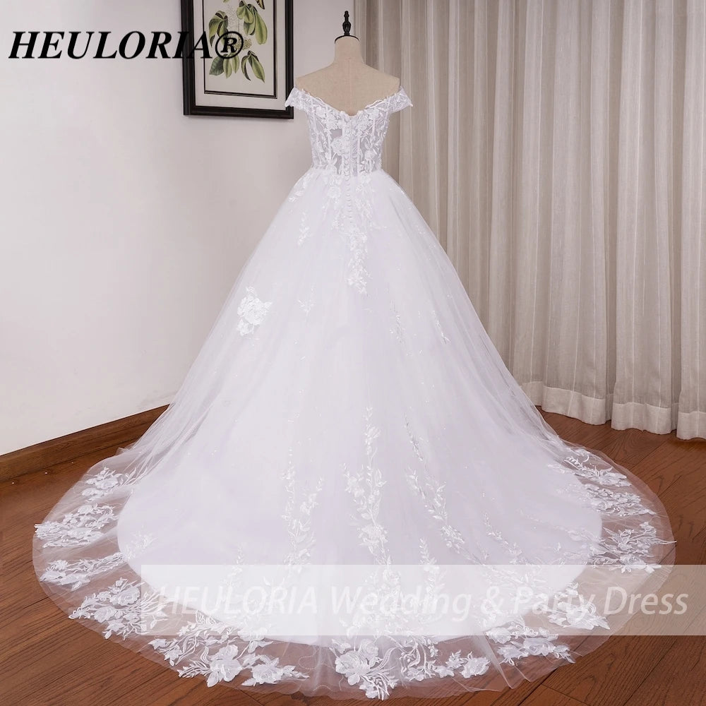 HEULORIA princess wedding dress off shoulder shinny skirt lace applique plus size white bride dress customize BA-1215