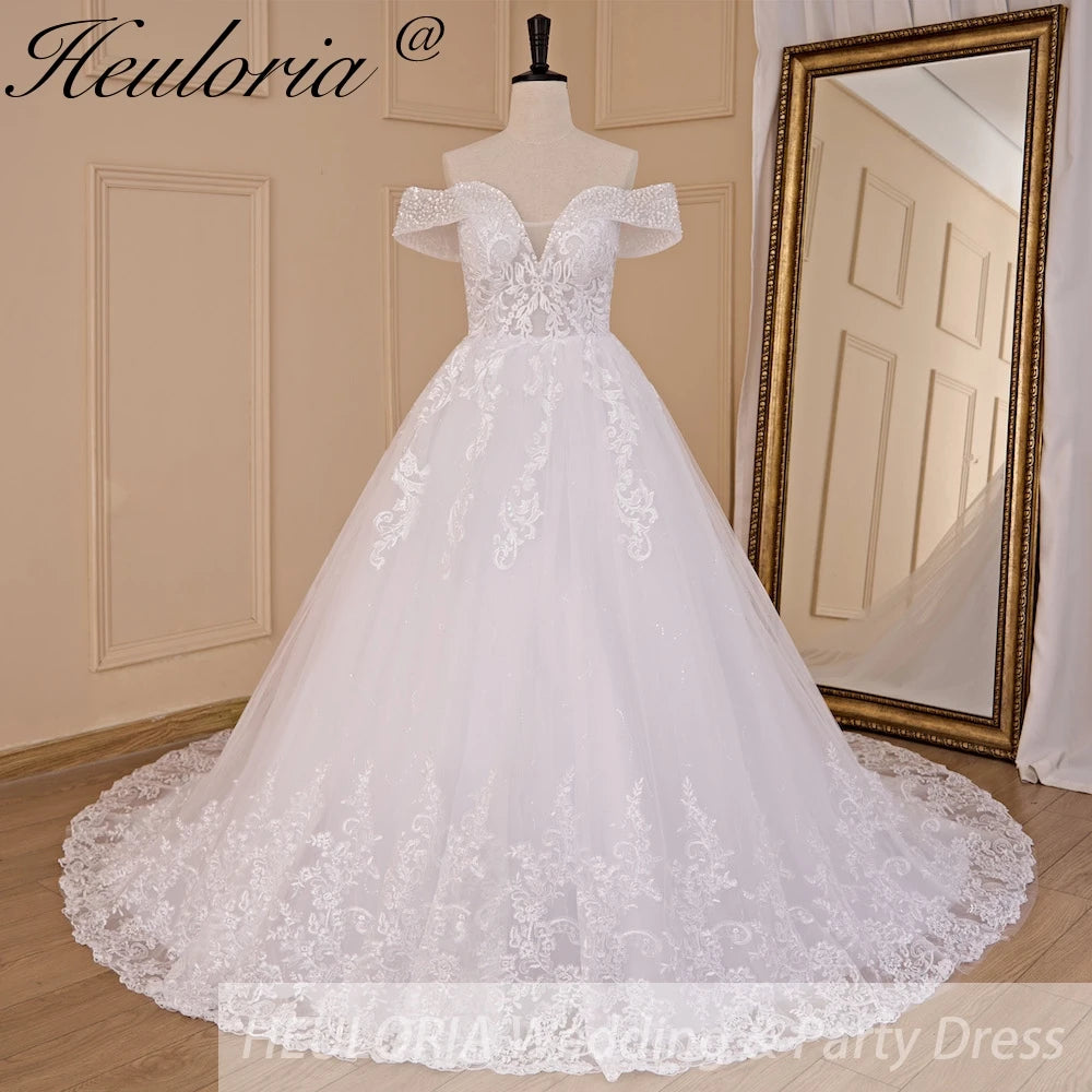 HEULORIA Ball-Gown/Princess Off the Shoulder Court Train Tulle Lace Wedding Dress With Sequins Beading BA-716A