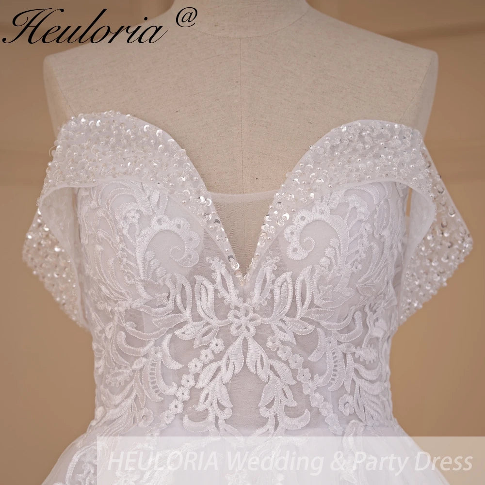 HEULORIA Ball-Gown/Princess Off the Shoulder Court Train Tulle Lace Wedding Dress With Sequins Beading BA-716A