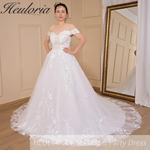 HEULORIA Ball-Gown/Princess Off the Shoulder Court Train Tulle Lace Wedding Dress With Sequins Beading