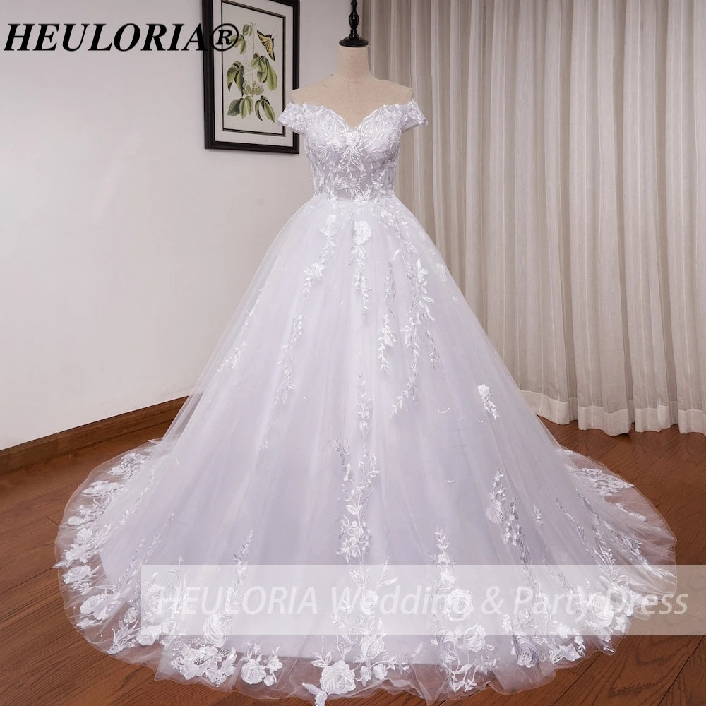 HEULORIA princess wedding dress off shoulder shinny skirt lace applique plus size white bride dress customize BA-1215