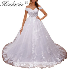 HEULORIA princess wedding dress off shoulder shinny skirt lace applique plus size white bride dress customize BA-1215