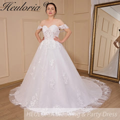 HEULORIA Ball-Gown/Princess Off the Shoulder Detachable sleeve Court Train Tulle Lace Wedding Dress With Sequins Beading