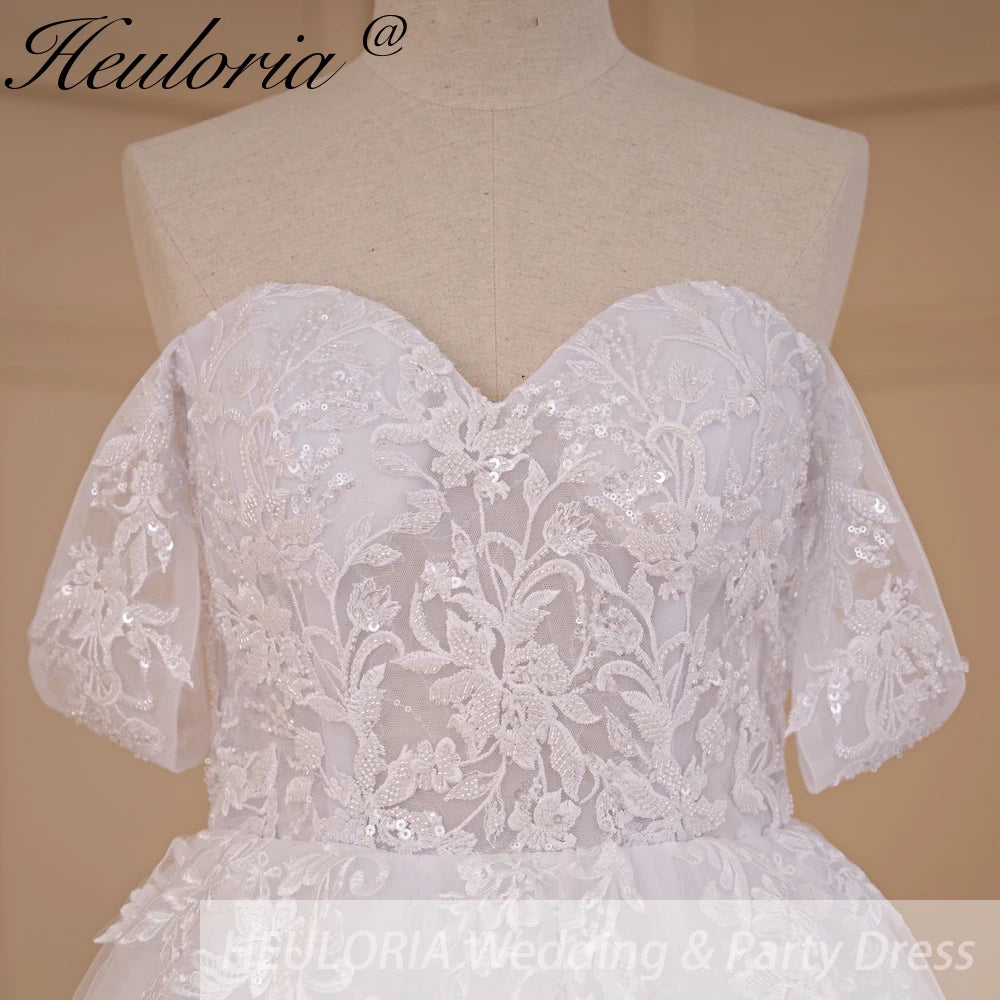 HEULORIA Ball-Gown/Princess Off the Shoulder Detachable sleeve Court Train Tulle Lace Wedding Dress With Sequins Beading BA-718A