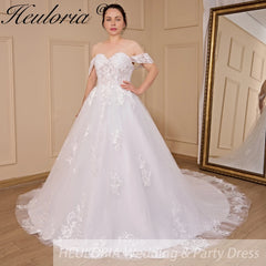 HEULORIA Ball-Gown/Princess Off the Shoulder Detachable sleeve Court Train Tulle Lace Wedding Dress With Sequins Beading