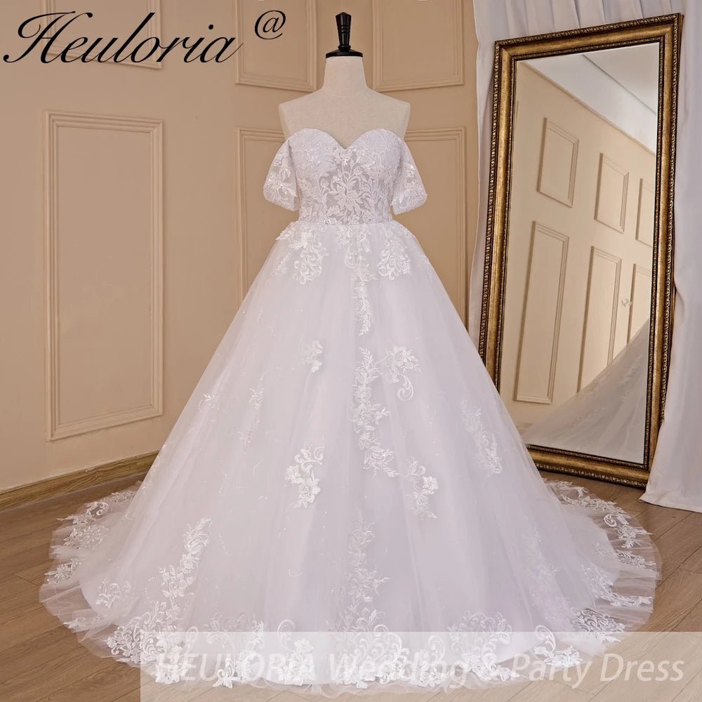 HEULORIA Ball-Gown/Princess Off the Shoulder Detachable sleeve Court Train Tulle Lace Wedding Dress With Sequins Beading BA-718A