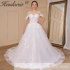 HEULORIA Ball-Gown/Princess Off the Shoulder Detachable sleeve Court Train Tulle Lace Wedding Dress With Sequins Beading