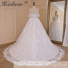 HEULORIA Ball-Gown/Princess Off the Shoulder Detachable sleeve Court Train Tulle Lace Wedding Dress With Sequins Beading BA-718A