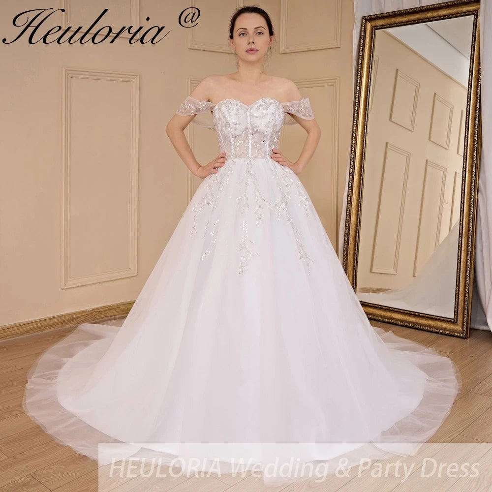 HEULORIA vintage A line wedding dress off shoulder shinny sequin lace beading bride dress long train Robe De Mariee AL-695 Main image