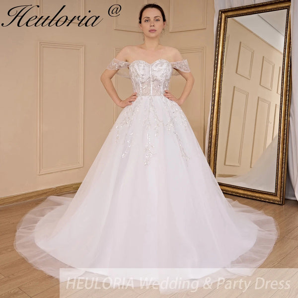 HEULORIA vintage A line wedding dress off shoulder shinny sequin lace beading bride dress long train Robe De Mariee