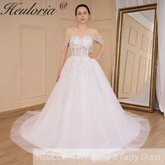 HEULORIA vintage A line wedding dress off shoulder shinny sequin lace beading bride dress long train Robe De Mariee AL-695