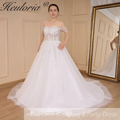 HEULORIA vintage A line wedding dress off shoulder shinny sequin lace beading bride dress long train Robe De Mariee AL-695