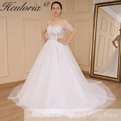 HEULORIA vintage A line wedding dress off shoulder shinny sequin lace beading bride dress long train Robe De Mariee AL-695