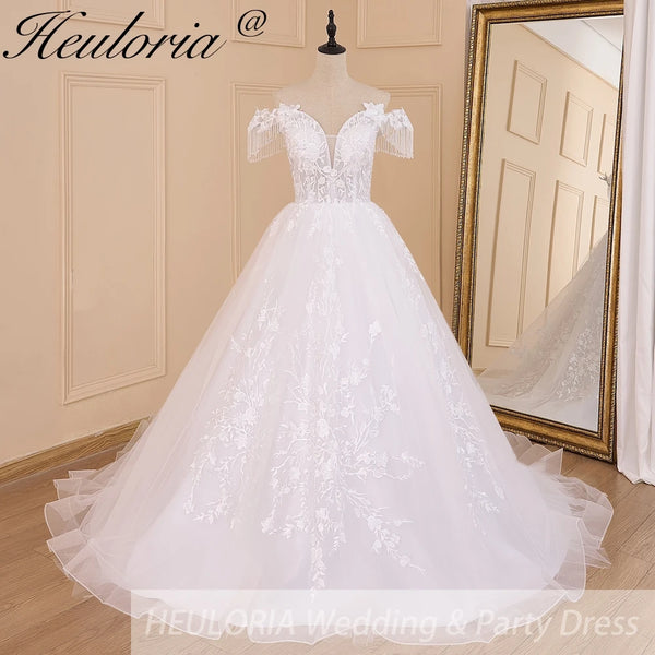 HEULORIA vintage Wedding Dress off shoulder lace applique beading bride dress plus size lace up robe de mariee court train