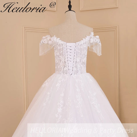 HEULORIA robe de mariée vintage épaules dénudées dentelle applique perles robe de mariée grande taille à lacets robe de mariée court train 