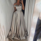 HEULORIA Off-Shoulder Satin A-Line Prom Dress with Embellished Waist ED-16