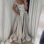 HEULORIA Off-Shoulder Satin A-Line Prom Dress with Embellished Waist ED-16