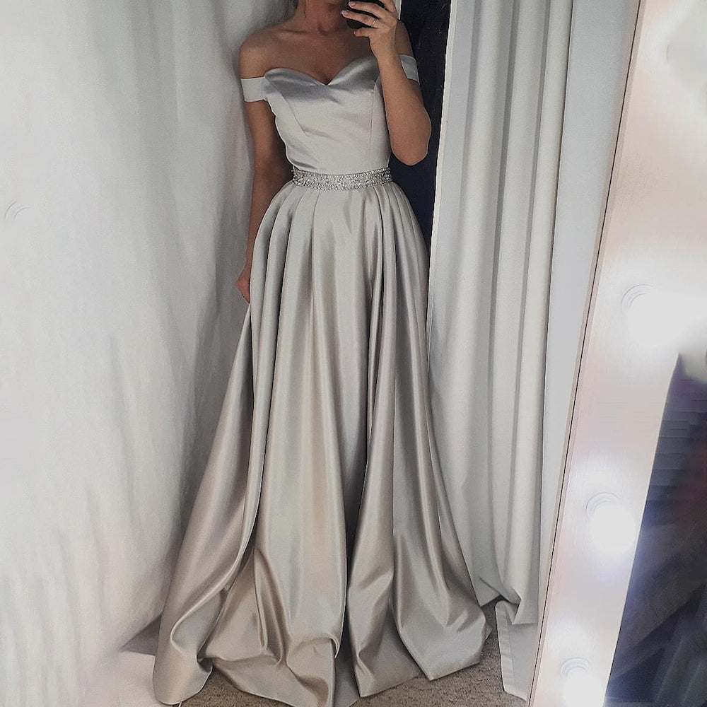 HEULORIA Off-Shoulder Satin A-Line Prom Dress with Embellished Waist ED-16