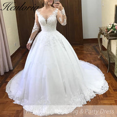 Princess Wedding Dress long sleece v neck lace bride dress plus size robe de mariee Lace beading Wedding Bridal Gown BA-84