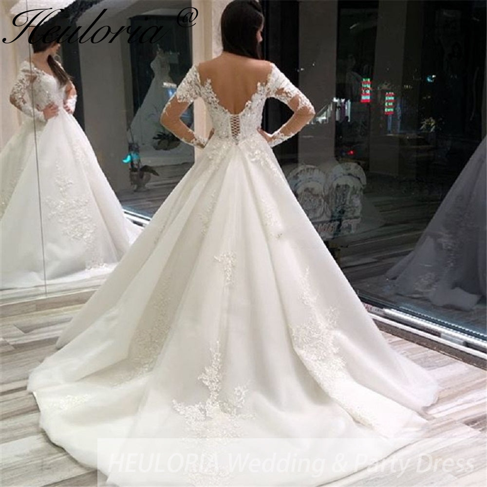 Elegant princess Wedding Dress long sleeve V neck lace applique bride dress robe de mariee A line Wedding Bridal Gown BA-186