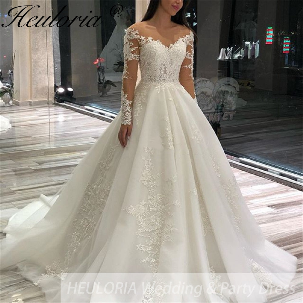 Elegant princess Wedding Dress long sleeve V neck lace applique bride dress robe de mariee A line Wedding Bridal Gown BA-186 Main image