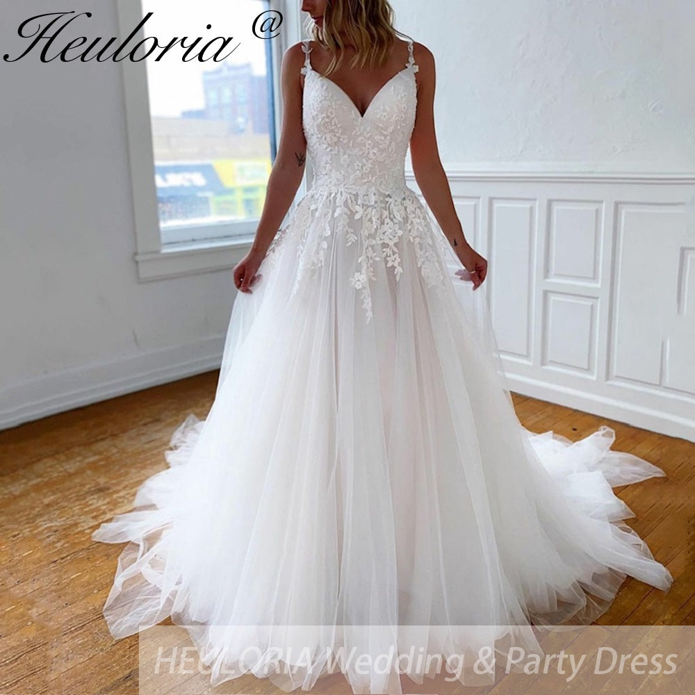 HEULORIA  elegant A line wedding dress Spaghetti Strap lace applique bridal dress Robe De Mariee Wedding Bride Dress AL-117