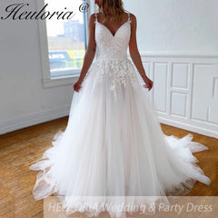 HEULORIA  elegant A line wedding dress Spaghetti Strap lace applique bridal dress Robe De Mariee Wedding Bride Dress AL-117