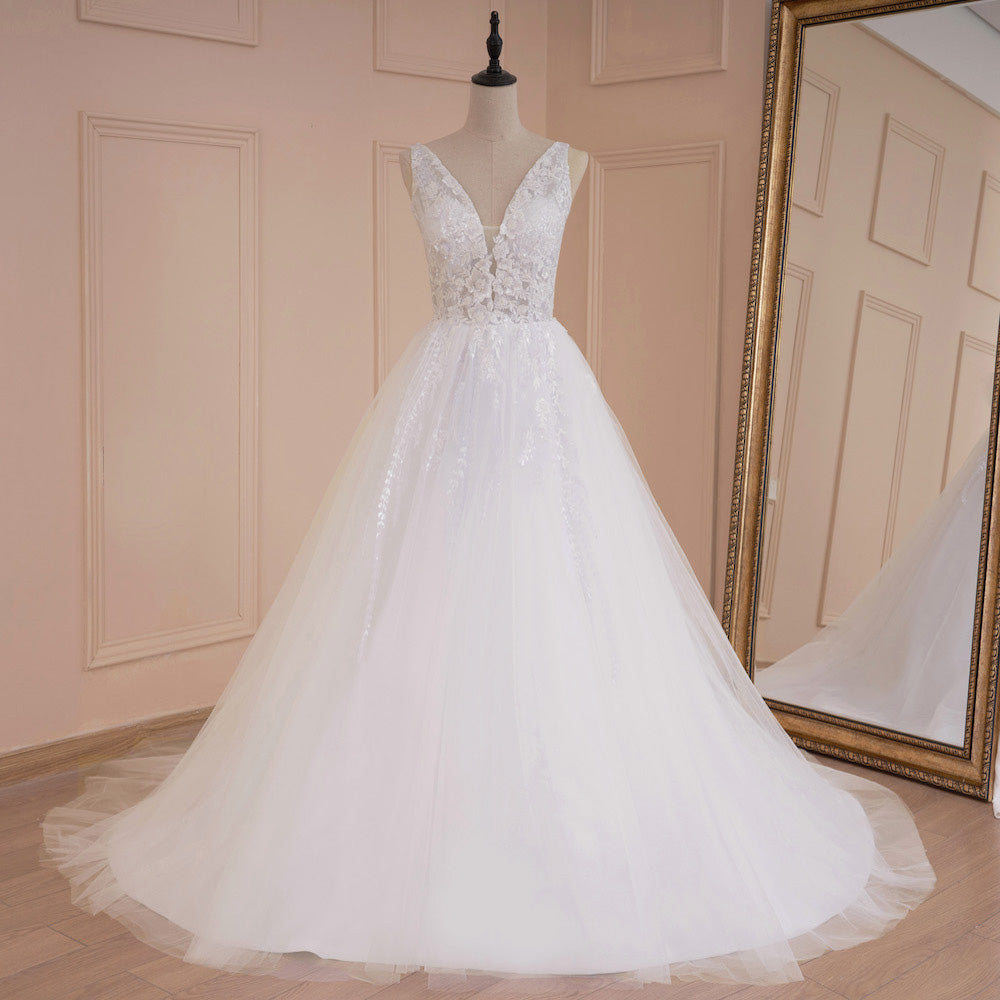 HEULORIA A-line V-Neck Sweep Train Lace Tulle Wedding Dress With Sequins Beading AL-536