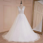 HEULORIA A-line V-Neck Sweep Train Lace Tulle Wedding Dress With Sequins Beading AL-536