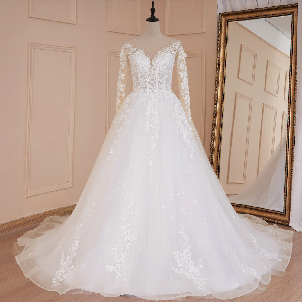 Long Sleeve Illusion V-Neck Lace Wedding Dress heuloria Long Sleeve Illusion V-Neck Lace Wedding Dress heuloria