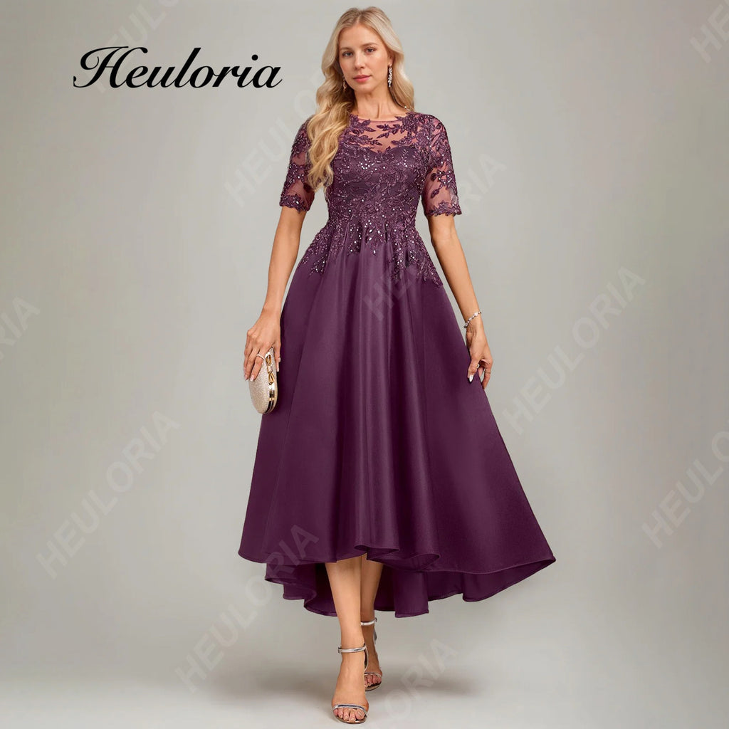 HEULORIA Elegant Plum Lace & Sequin High-Low Evening Dress with Illusion Neckline ED-388