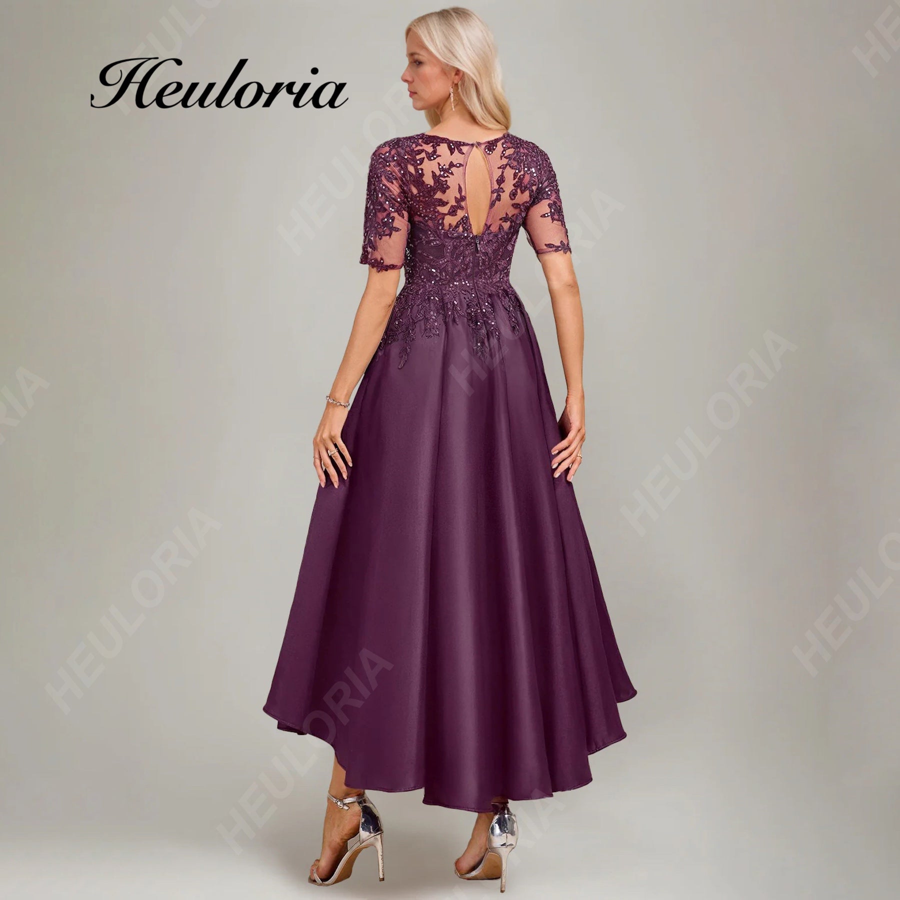 HEULORIA Elegant Plum Lace & Sequin High-Low Evening Dress with Illusion Neckline ED-388 Image secondaire du produit