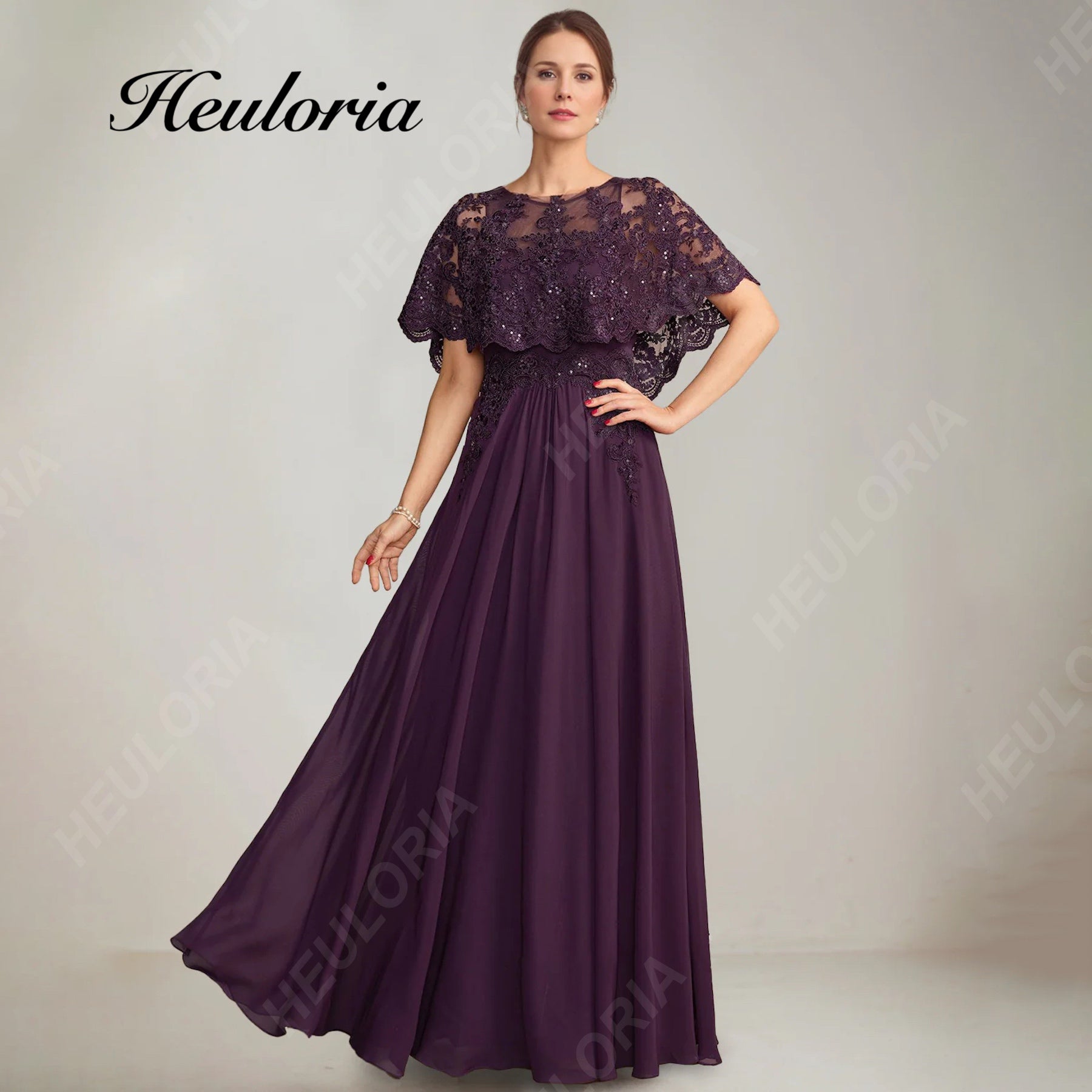 HEULORIA Elegant Plum Purple Chiffon A-Line prom dress with Illusion Lace Neckline & Scalloped Capelet Sleeves ED-389 Image principale du produit