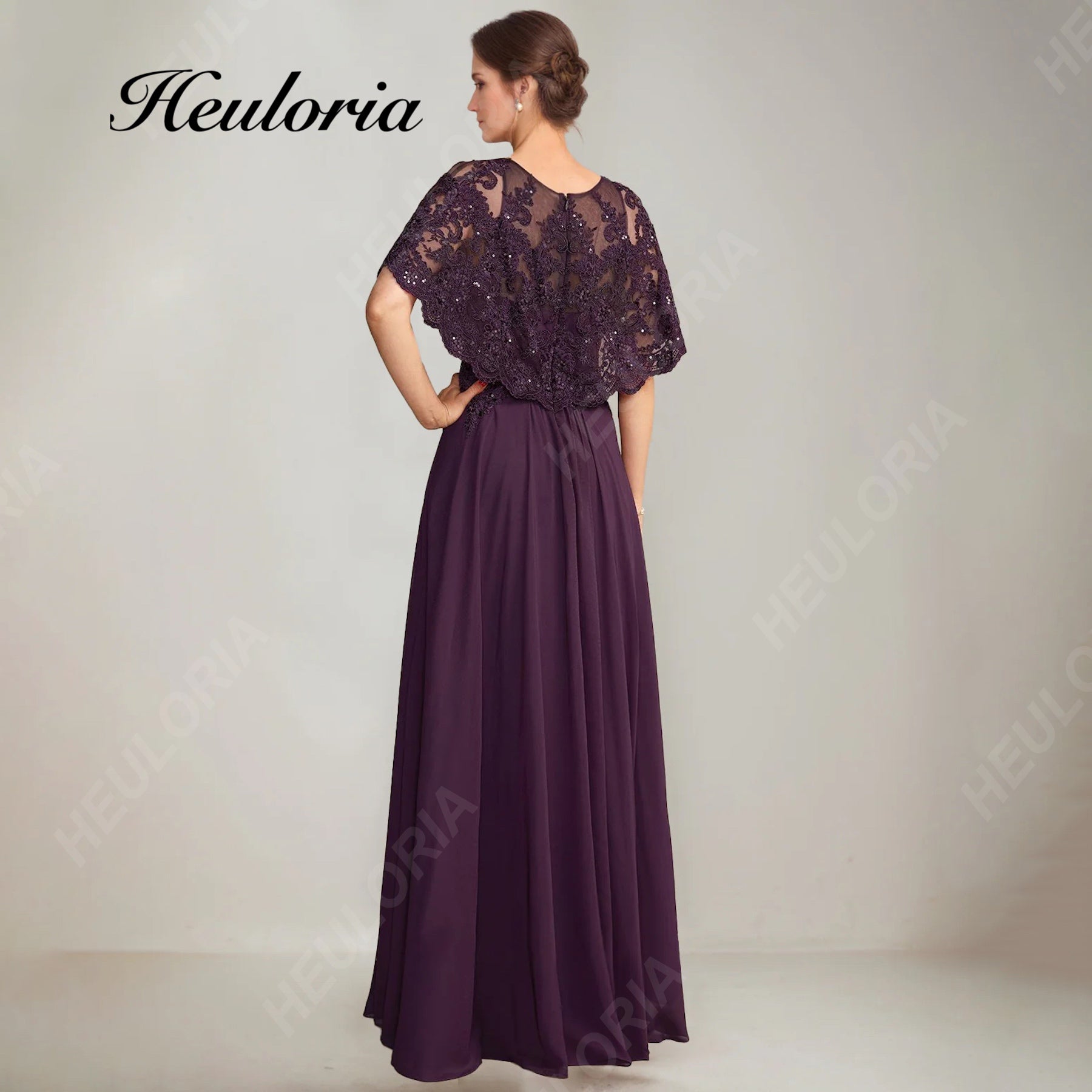 HEULORIA Elegant Plum Purple Chiffon A-Line prom dress with Illusion Lace Neckline & Scalloped Capelet Sleeves ED-389