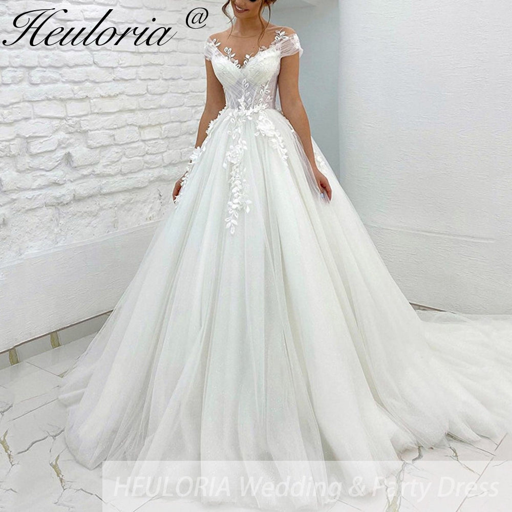 HEULORIA Sparkly Glitter A line Wedding Dress off shoulder 3D flower lace bride dress plus size robe de mariee  A line Wedding Bridal Gown AL-255