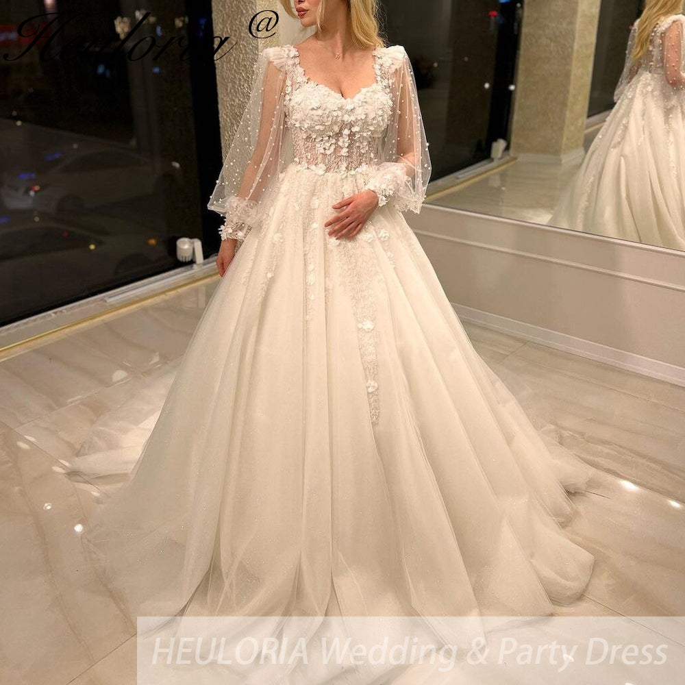 HEULORIA elegant A line wedding dress long sleeve Sparkly Glitter lace beading bride dress Robe De Mariee Wedding Bride Dress AL-440