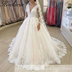 Princess Wedding Dress long sleece v neck lace bride dress plus size robe de mariee Lace beading Wedding Bridal Gown BA-56