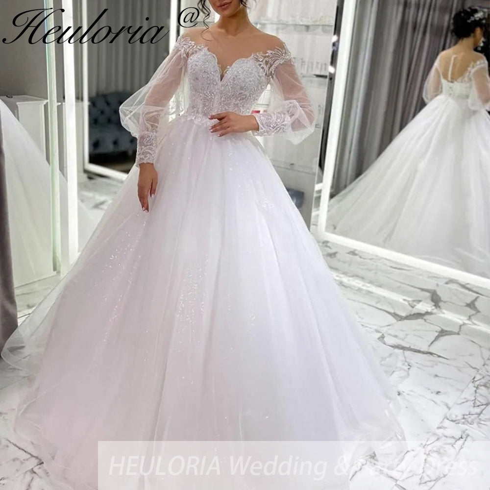 HEULORIA Sparkly Glitter A line Wedding Dress long sleeve lace bride dress plus size robe de mariee  A line Wedding Bridal Gown AL-256