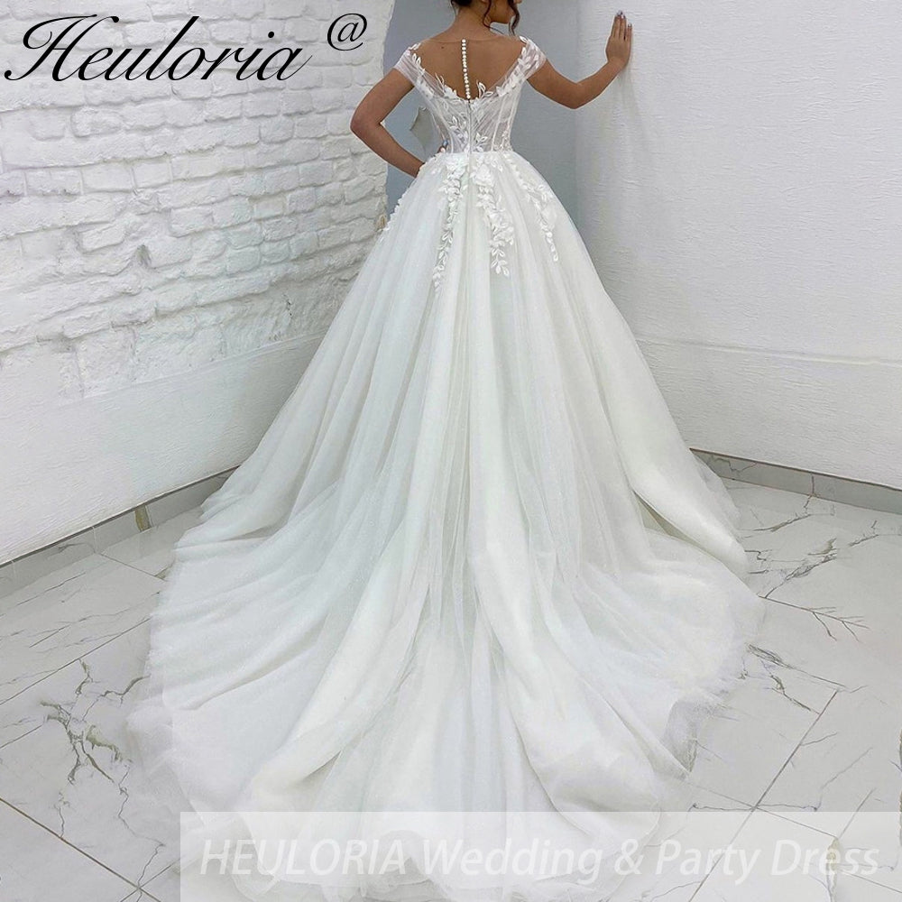 HEULORIA Sparkly Glitter A line Wedding Dress off shoulder 3D flower lace bride dress plus size robe de mariee  A line Wedding Bridal Gown AL-255