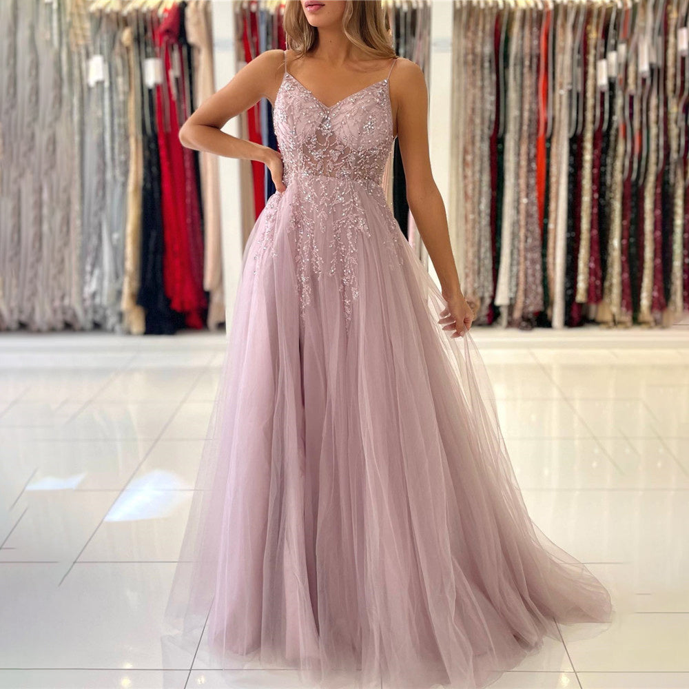 Elegant V-Neck Spaghetti Strap Floral Sequined Tulle Prom Dress with High Slit evening dress ED-44
