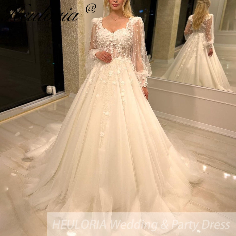 HEULORIA elegant A line wedding dress long sleeve Sparkly Glitter lace beading bride dress Robe De Mariee Wedding Bride Dress AL-440 Immagine secondaria del prodotto