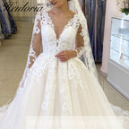 Princess Wedding Dress long sleece v neck lace bride dress plus size robe de mariee Lace beading Wedding Bridal Gown BA-56