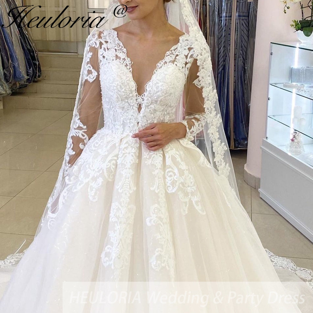 Princess Wedding Dress long sleece v neck lace bride dress plus size robe de mariee Lace beading Wedding Bridal Gown BA-56