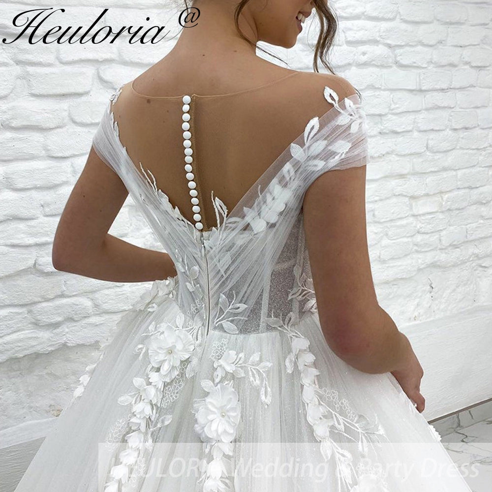 HEULORIA Sparkly Glitter A line Wedding Dress off shoulder 3D flower lace bride dress plus size robe de mariee  A line Wedding Bridal Gown AL-255