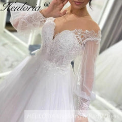 HEULORIA Sparkly Glitter A line Wedding Dress long sleeve lace bride dress plus size robe de mariee  A line Wedding Bridal Gown AL-256