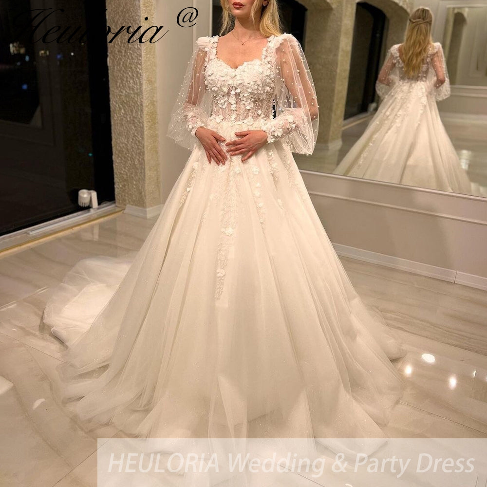 HEULORIA elegant A line wedding dress long sleeve Sparkly Glitter lace beading bride dress Robe De Mariee Wedding Bride Dress AL-440